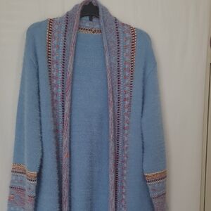 Sky Blue Open-Front Women's Knit Cardigan with Patterned Trim